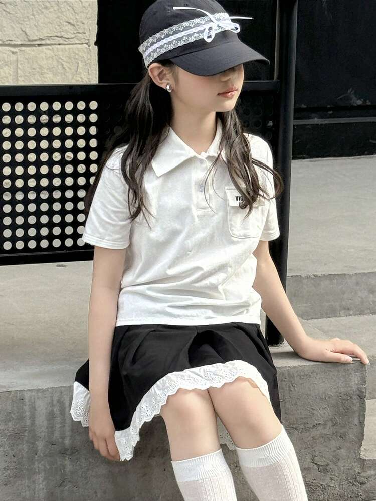 2pcs/Set Girls Tween Girl Fall Outfit: Collared Letter Print Short Sleeve T-Shirt + Skirt