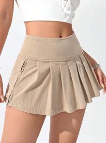 SHEIN EZwear 女士纯色褶皱休闲短裙，夏季时尚 - 卡其色 - 查看 1