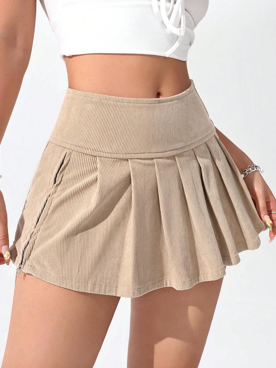 SHEIN EZwear 女士纯色褶皱休闲短裙，夏季时尚 - 卡其色 - 查看 1