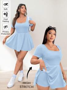 SHEIN EZwear Vestido casual y sencillo de unicolor de manga corta, talla grande, con línea A, dobladillo con volantes, tela elástica con bolsillos para exteriores, yoga, fitness, primavera y verano