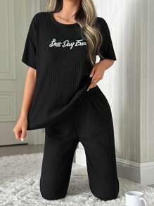 RueChic Women 2 Pcs Contrast Colour Lettered Homewear Short Sleeved & Long Bottom Pajama Set - Dark Grey - View 1