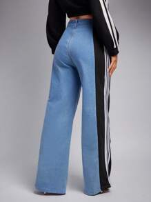Vixey 撞色条纹侧边高腰阔腿牛仔裤 - 彩色 - 查看 2