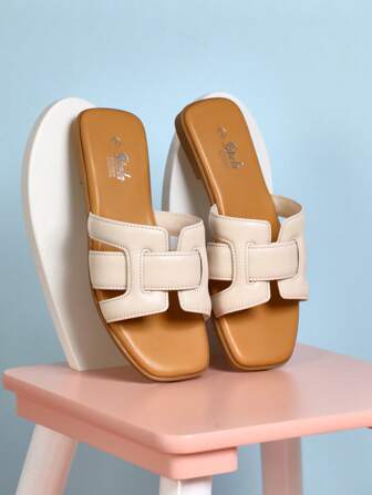 Mini mi Kids' Designer-Inspired Square-Toe Woven Padded Beige Slip On Sandals Playground-To-Pool Slides