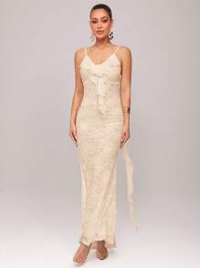 Silquee 女士优雅浪漫 3D 花卉装饰情人节/节日吊带连衣裙，飘逸透明蕾丝拼布荷叶边下摆 - 杏色 - 查看 7