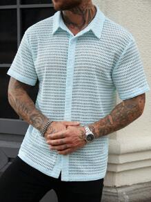 Manfinity Homme Men's Solid Short Sleeve Single Breasted Casual Shirt, Summer - Green - View 5