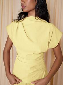 COSMINA Women's Summer Solid Color Pleated Bat-Wing Short Sleeve Fashionable Top - Yellow - View 4