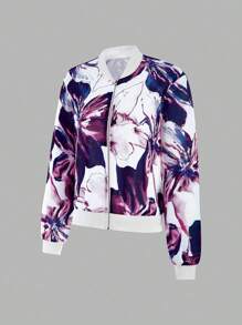 EMERY ROSE Women's Floral Print Long Sleeve Zip Front Bomber Jacket Fall Winter Cloth For Women - Multicolor - View 4