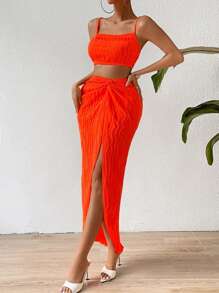 Chiquease 2pcs/Set Women Vacation Textured Camisole And Side Slit Midi Skirt Set - Orange - View 6