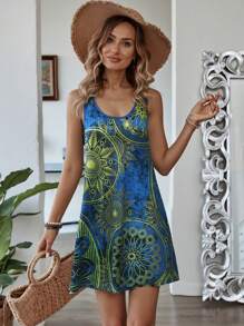 EMERY ROSE 女士全印花休闲无袖迷你连衣裙，度假风格 - 藍色 - 查看 3
