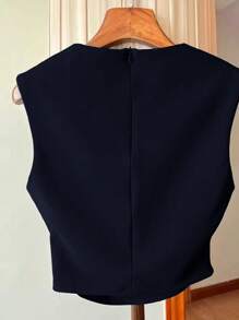 Top sin mangas de mujer de color albaricoque sólido con cuello cuadrado, cintura plisada y cremallera en la espalda - Azul marino - Ver 2