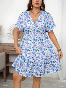 SHEIN LUNE Vestido corto de mujer talla grande de verano con escote en V, atuendos playeros para la Cuatro de Julio con colores brillantes y patrones ondulados con flores pequeñas, ropa para graduación con arcoíris para vacaciones de mujer