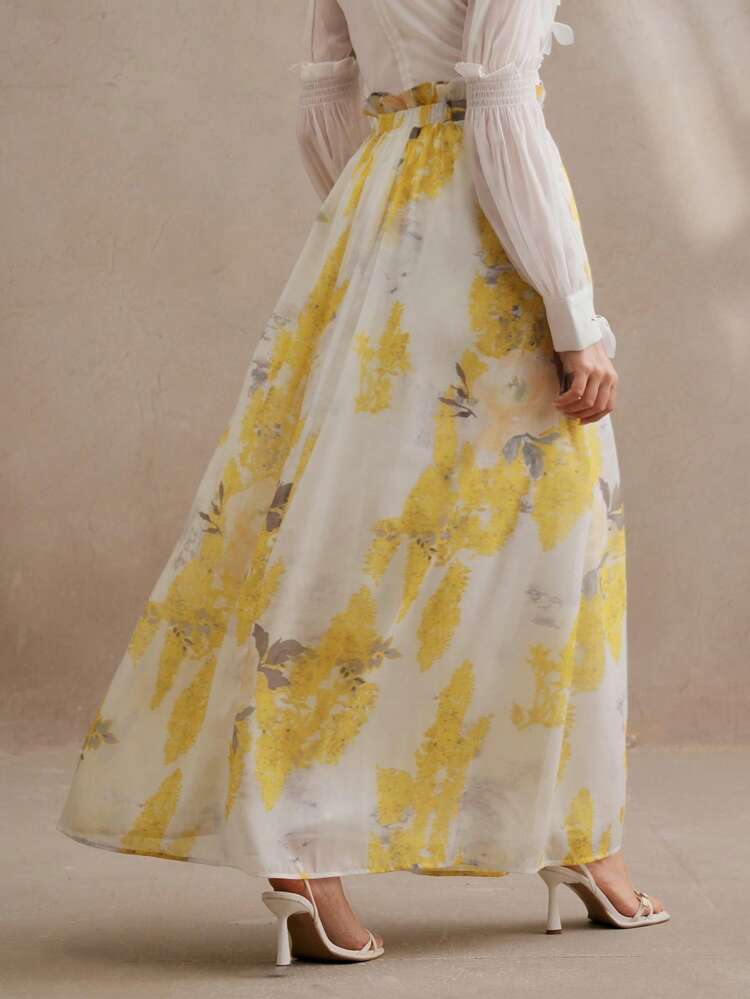 Women's Holiday Floral Print Frill Trim Maxi Skirt