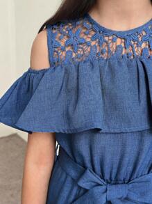 Tute da ragazza tween, casual, per vacanze, con pizzo a contrasto, orlo con volant, cintura, vita elastica, morbide