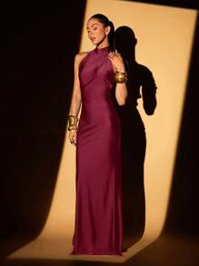 Lumalex 结婚纪念日春节派对季节情人节冬季感恩节服装新年前夜狂欢节正式舞会礼服，音乐会派对宴会高领金属链露背连衣裙套装，晚礼服 - 酒紅色 - 查看 7