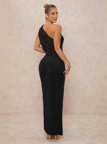 Lumalex Women's Metal Decor Ruched Twist Bodycon Extra Long Dress, One Shoulder - Black - View 3