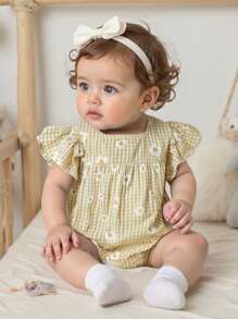 SHEIN Vintaside Kids Bộ áo liền thân cho bé gái kiểu cổ điển, thanh lịch, ngọt ngào, in họa tiết hoa cúc và kẻ caro, phù hợp cho bé từ 6 tháng đến 3 tuổi, mặc hàng ngày, hoạt động ngoài trời, kỳ nghỉ, chụp ảnh. - Màu vàng - Xem 2