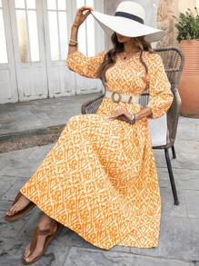 EMERY ROSE Đầm tay đèn lồng họa tiết hình học thanh lịch cho nữ đi nghỉ - Màu vàng - Xem 5