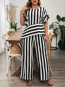 EMERY ROSE Damen Große Größen gestreiftes loses asymmetrisches Saum Rundhals Kurzarm Top und weite Hose 2-teiliges Set, lässige Strandurlaubs Mode für den Sommer - Schwarz und Weiss - Übersicht 7