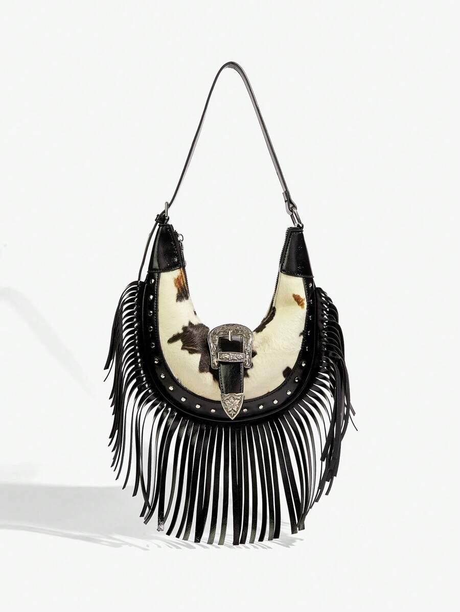 SHEIN ICON 女士单肩包、流浪包、时尚、个性、简约、百搭、街头、甜美酷炫女孩、辣妹、Y2K、复古、铆钉、复古、流苏、牛皮印花、西式、波西米亚风、音乐节、青少年 - 彩色 - 查看 1