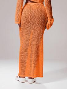 Musera Resort 抽绳纹理针织低腰直筒超长裙罩衫仅限伊比沙岛性感度假春夏沙滩装浪漫优雅生日 - 橘色 - 查看 4