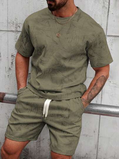 Manfinity CasualCool Herrt-t-shirt med rund hals, kortärmad design och shorts med dragsko i midjan, casual kostym, herrset med två delar, höstkläder