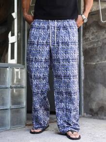 Manfinity Homme Pantalon décontracté ample à jambes droites avec taille à cordon pour hommes, à carreaux, gris-bleu, bleu clair, automne, streetwear, polyvalent pour escapade urbaine, vacances et rave - Bleu gris - Voir 8