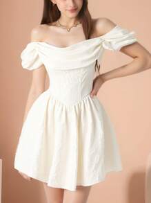 Girlism 少女杏色纹理露肩短裙，休闲春季约会连衣裙，毕业礼服，节日家庭户外春季野餐和日常穿着，适合婚礼等各种场合，优雅 - 杏色 - 查看 3