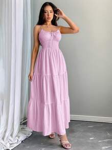 Firerie 女士黄色系带褶皱抽绳腰部 A 字连衣裙，适合通勤、优雅、性感、度假、海滩、夏威夷、浪漫、约会、情人节、音乐会、婚礼季节 - 紫丁香色 - 查看 5