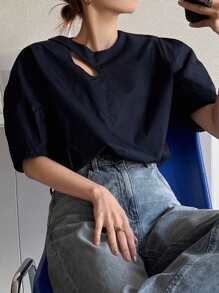 Women's Cotton Solid Hollow Out Puff Sleeve Loose Summer Blouse, Business Casual - Navy Blue - View 1