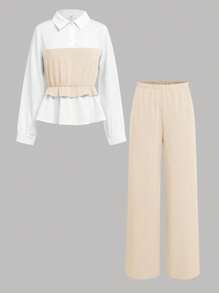 SHEIN Girlism Elegant Apricot Patchwork White Blouse Ruffled Long Sleeve & Wide Leg Pants Two Pieces Outfit, Vintage Style, Multi-Purpose Casual Wear For Teen Girls