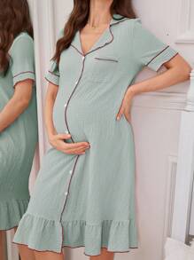 SHEIN Contrast Color Collar Ruffled Hem Jacquard Short Sleeve Open Front Maternity Dress - Mint Green - View 4