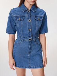 SHEIN BAE 夏季新款时尚百搭牛仔夹克，带假口袋和水钻纽扣设计，优雅女式外套 - 藍色 - 查看 7