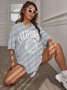 Chiquease 女士夏季宽松休闲字母印花 T 恤，圆领落肩袖图案 T 恤女上衣 - 灰色 - 查看 4