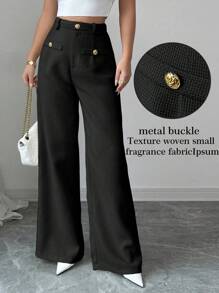 SHEIN PETITE 纹理编织搭配金属扣装饰百搭直筒裤，适合工作和通勤 - 黑色 - 查看 8