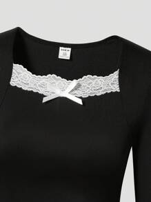 SHEIN Tween 女童方领蕾丝边修身长袖上衣，优雅时尚衬衫，非常适合青少年和年轻女士 - 黑色 - 查看 3