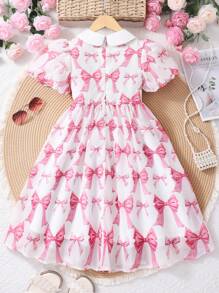 Robe à manches bouffantes style vintage pour préadolescentes, col Peter Pan, imprimé papillon en mousseline, douce - Rose bonbon - Voir 2