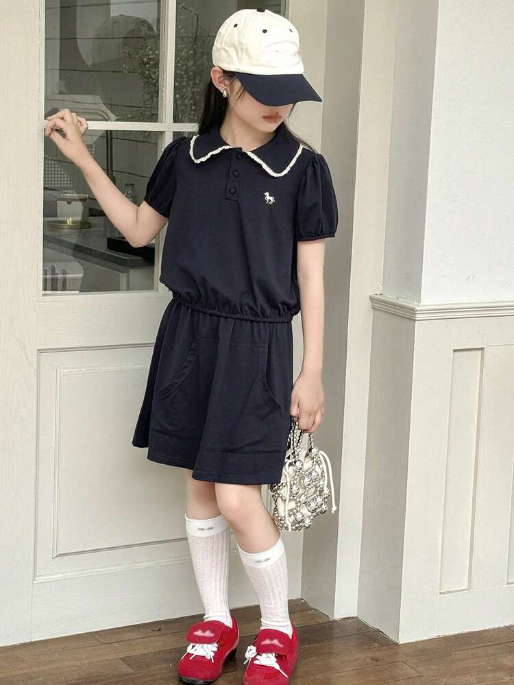 Tween Girls Polo T-Shirt & Lace Trim Skirt 2PC Sets