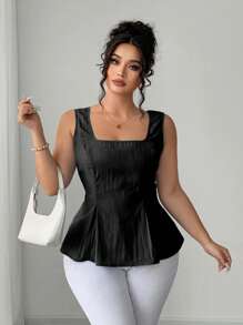 Elenzga 大码女式方领优雅法式 A 字腰衬衫上衣，荷叶边上衣 - 黑色 - 查看 4