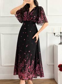 Feyla 女式花卉印花荷叶边下摆短袖连衣裙，优雅 - 彩色 - 查看 3