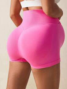SHEIN 孕妇纯色不对称腰带休闲健身运动短裤 - 珊瑚粉 - 查看 2