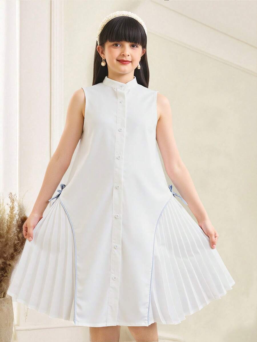 SHEIN White Tween Girl Casual Elegant Commuting Pleated Patchwork Skirt Shirt-Style Peter Pan Collar Button Front Dress With Contrast Trim & Bow Decor - White - View 1