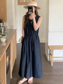 DAZY Women's Round Neck Casual Sleeveless Washed Denim Jumpsuit - Blue - View 8