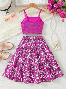 Young Girls 2pcs Set - Solid Bow Camisole Top And Digital Print A-Line Skirt With Elastic Waist, Suitable For Beach, Party, Vacation In Summer