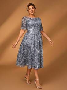 Serin Large Size Elegant Romantic Gorgeous Gray Blue Sequin Embroidery Round Neck Three-Quarter Sleeves A-Line Hem Medium Long Suitable For Dinner Bachelorette Party Date Dance Holiday Music Festival Wedding Event Evening Dress Bride Mother Dress Tea Party Dress