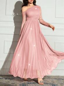 Modelyn 女士纯色不对称领口长袖优雅加长连衣裙