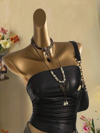 Attitoon Faux Stretch-Leather Black Pleated Strapless Top