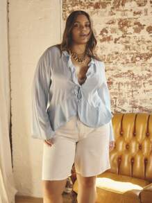 Aralina Plus Size Women Casual Solid Color Ruffle Trim Blouse - Baby Blue - View 1
