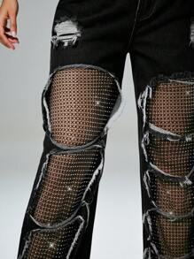 Denimoi Distressed Rhinestone Net Denim Jeans Straight Leg Jeans Sheer Mesh Rhinestone Fashionable Concert Outfits Concert Bottoms - Black - View 3