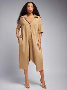 Vixey 纽扣式低裆四分袖连体裤，女士商务休闲装，女士办公室服装 - 棕色 - 查看 4