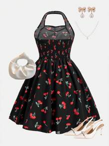 少女优雅甜美法式樱桃印花露背短款溜冰裙